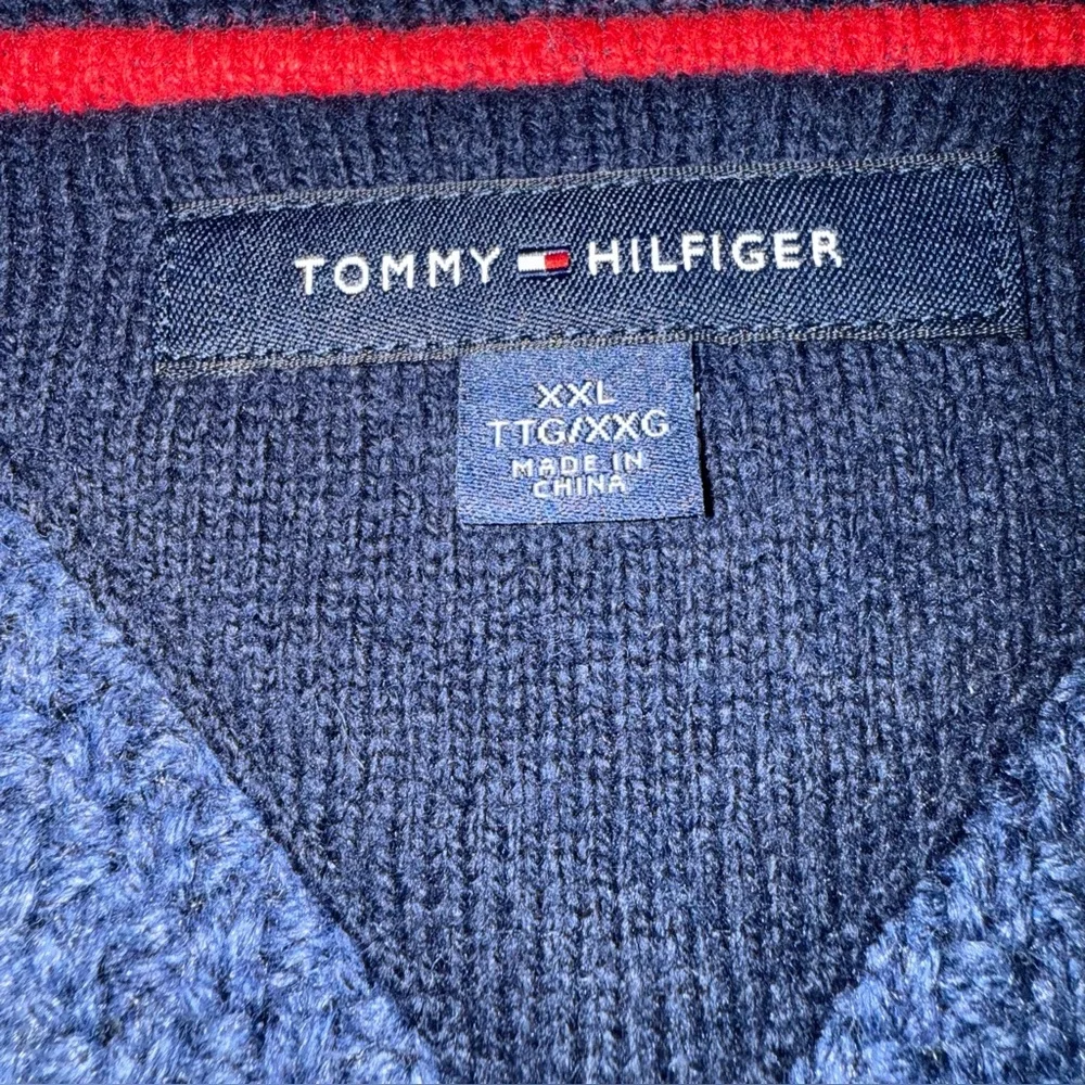 Tommy Hilfiger Navy Blue Cardigan Sweater with Red and White‎ Stripes Men’s XXL